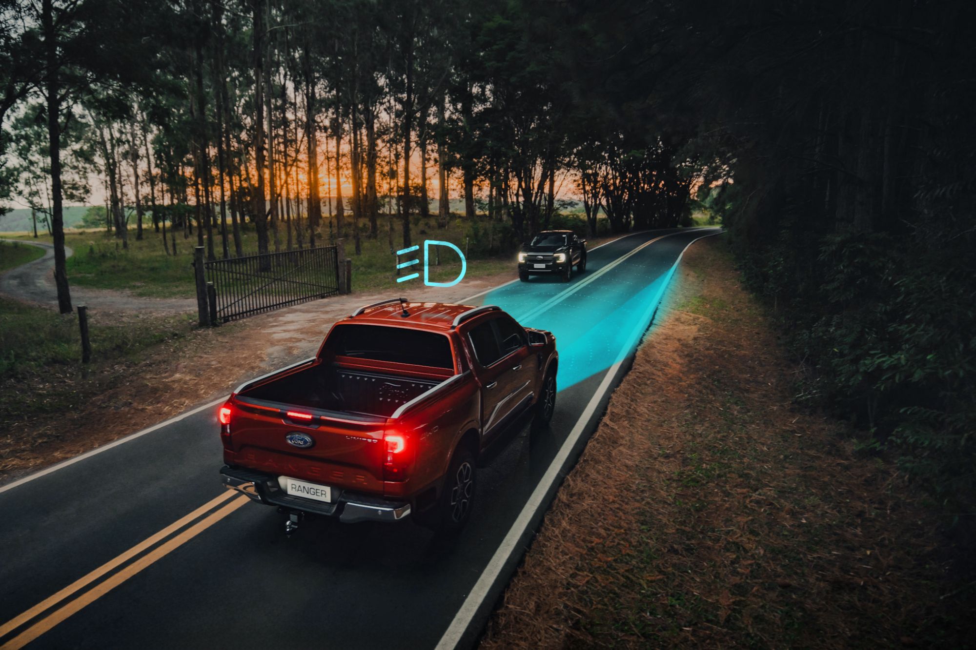 Ilustração CGI do farol alto automático do Ford Ranger 2024